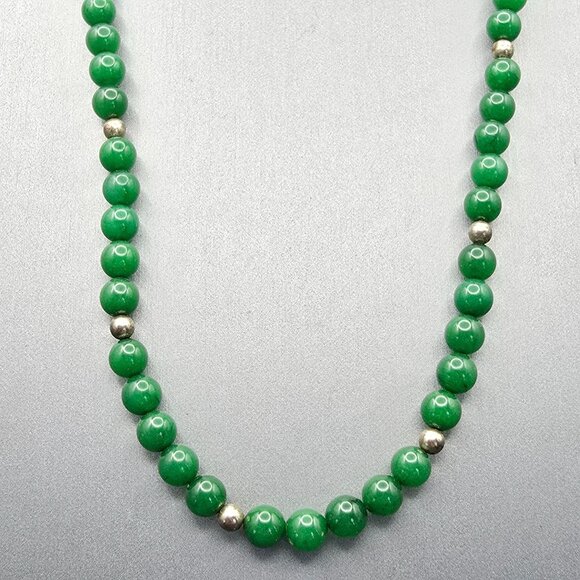 Antique Green Nephrite Jade 6mm Bead Necklace 23" Sterling Etched Fishhook Clasp - Picture 10 of 10